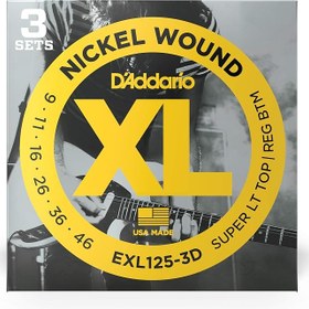 Resim D'Addario Elektro gitar telleri | gitar telleri elektro gitar telleri | en popüler tel markası | EXL125-3D | nikel kaplama çelik | Sup.Lt.Top/Reg.Bottom (09-46) | 3'lü paket 