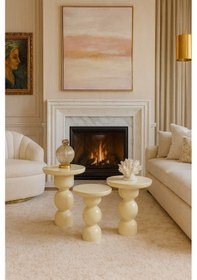 Resim Doğal Krem Renk Ahşap Mantar Sehpa 3 Lü Şık Zigon Takımı Beyaz 