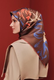 Resim Armine Çiçek Desenli Saf İpek Sura Eşarp 9322d 84 KAhverengi 