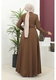 Resim Burgu Kemerli Dokuma Kumaş Mevsimlik Mevlana Ferace - Kahverengi / F0131 Kahverengi 
