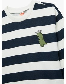 Resim Koton Erkek Bebek Pamuklu Şardonlu Uzun Kollu Bisiklet Yaka Dinozor Baskılı Çizgili Sweatshirt Lacivert 