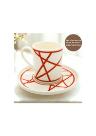 Resim Renkli Geometrik Çizgili 6 Kişilik Porselen Kahve Fincan Takımı Kırmızı 
