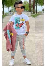 Resim Riccotarz Erkek Çocuk Kaplan Detaylı T-shirt Sırt Baskılı Kolsuz Pudra Jean Ceket Kargo Cepli Alt Üst Takım Pudra 