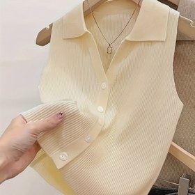 Resim Kadınlar için Fransız Tarzı Yelek, İnce Yaz Kolsuz Crop Top Düğmeli Ön, Bej Renkli Rahat Ribbed Yelek, İlkbahar/Yaz/Sonbahar için Hafif ve Çok Yönlü, Crop Top Blous 