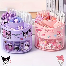 Resim Sanrio Cute Desk Organizer - Rotating Pen Holder with Kuromi & for My Melody DIY Stickers, Manual Assembly, Multi-Compartment Stationery Storage Box, Polished Finish, Rust Resistant, Durable Plastic Material for Office Supplies 
