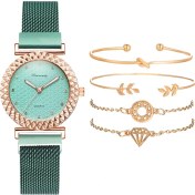 Resim Hanyang 5 Adet Set Yeşil Lüks 5 Adet Set Bilezik Izle Kadın Zarif Mıknatıs Elmas Bayanlar Kuvars Kol Saati Elbise Pembe Saat Reloj Mujer Dropshipping (Yurt Dışından) 