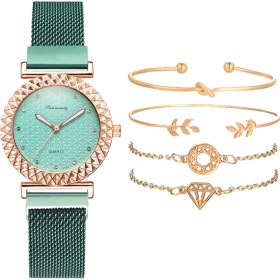Resim Hanyang 5 Adet Set Yeşil Lüks 5 Adet Set Bilezik Izle Kadın Zarif Mıknatıs Elmas Bayanlar Kuvars Kol Saati Elbise Pembe Saat Reloj Mujer Dropshipping (Yurt Dışından) 