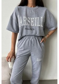 Resim Marseille T-shirt Eşofman Altı Jogger - Gri Baskılı Alt Üst Eşofman Takımı Oversize Bisiklet Yaka Gri 