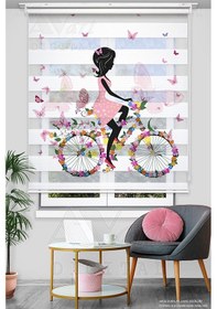 Resim Bisikletli Prenses Ve Kelebek Baskılı Genç Ve Çocuk Odası Perdesi - Dijital Baskılı Zebra Stor Perde Çok Renkli 