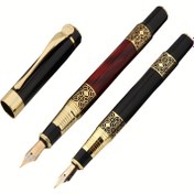 Resim Şık Siyah, Kırmızı ve Altın Çiçekli Oyma Mahonniyeden Yapılmış Kalem - Dolgu Yapılabilecek Mürekkep, Orta Uçlu, Kap Açılır - İş ve Okul Malzemeleri İçin İdeal, Ofis Yazma Aracı|Şık Yazma Aracı|Canlı Oyma 