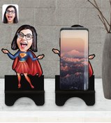 Resim Bk Gift Kişiye Özel Süper Anne Karikatürlü Ahşap Biblo Telefon Standı-1 