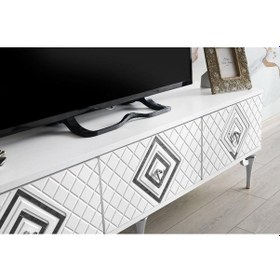 Resim 150 CM İLİZYON METAL AYAK-MDF MEBRAN KAPAK TV SEHPASI BEYAZ GÜMÜŞ 