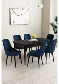 Resim Clara Siyah Mermer Desen 80x132 Açılabilir Mutfak Masası Takımı 6 Adet Sandalye Lacivert 