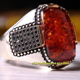 Resim Mens Original Onyx and Amber Stone Exclusive 925 Sterling Silver Ring - US: 5 / 50 mm / Turk: 10 