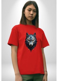 Resim Mavi Kurt Robot Pamuklu Bisiklet Yaka Unisex Oversize Boyfriend Dijital Baskılı Kırmızı T-shirt Kırmızı 