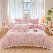 Resim 3 Parça Pembe Ekose Desenli Yatak Örtüsü Seti - 1* Yatak Örtüsü + 2* Yastık Kılıfı, Geometrik Desen, Taze Baskı, Yumuşak ve Rahat, Tüm Mevsimler İçin Uygun, Makinede Yıkanabilir, Öğrenci Odası için İdeal 