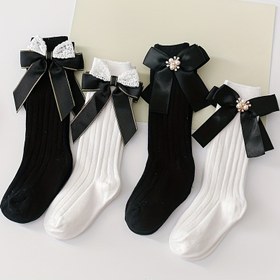 Resim Baosong 0-12 Yaş Çocuklar İçin Orta Boy Diz Üstü Çorap, Siyah Beyaz Boncuklu Fiyonklu İngiliz Tarzı, Anaokulu Okul, İlkbahar Sonbahar Kış Kız Prenses Yüksek Topuklu Çorapları, Çok Amaçlı Çocuk Çorapları - 4 Çift 