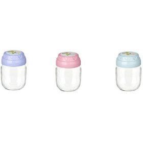 Resim 3lü Set Vintage Dekoratif Desenli Cam Kavanoz 425ml - 14,3 Oz Çok Renkli 