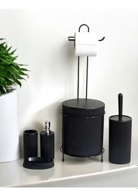 Resim Metalshop 6 Parça Banyo Seti Metal Stantlı Çöp Kovalı Wc Kağıtlık Ve Tuvalet Fırçası Katı - Sıvı Sabunlu Siyah 
