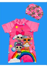 Resim Lolliboomkids Sevimli Lol Bebek Gökkuşağı Hassas Ten Kısa Kollu Hipster Mayo Takımı Bone Dahil 2' li Set Pembe 