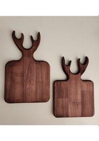 Resim Ceviz Renk İkili Geyikli Sunum Tahtası Kesme Tahtası Kahve Sunum 