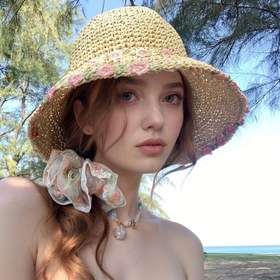 Resim Kadınlar için Pembe Çiçekli Saman Şapka Tatil Güneş Şapkası Yazlık Plaj Balıkçı Kapağı El Yapımı Çim Şapka 
