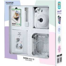 Resim Fujifilm Instax mini 12 Beyaz Fotoğraf Makinesi 10'lu Film Simli Pleksi Kılıf PVC Albüm ve Kıskaçlı Resim Sta 