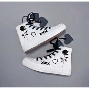 Resim LİASSHOES siyah gül baskılı kalp bağcık beyaz keten çocuk spor ayakkabı sneaker 