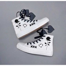Resim LİASSHOES siyah gül baskılı kalp bağcık beyaz keten çocuk spor ayakkabı sneaker 