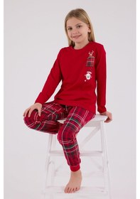 Resim Arnetta Kız Çocuk Aile %100 Pamuklu 4 Mesim New Year Uzun Kollu Pijama Takım Kırmızı 