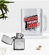 Resim Bk Gift Kişiye Özel Dünyanın En Yakışıklı Babası Cam Kupa Bardak Benzinli Metal Çakmak Seti 
