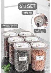 Resim 6'lı Etiketli Ve Kilitlenebilir Hava Almaz Kapaklı Baharatlık Seti - Baharatlık Bej 