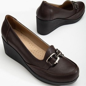 Resim Kadın Dolgu Topuklu Ayakkabı Kahve Yüzlü Tokalı-3676 Kahve 