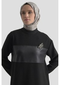 Resim Armine Trend Deri Garnili Broş Detaylı Fitilli Tunik Siyah 25kt424 Siyah 