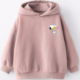 Resim Kız Çocuk Snoopy Baskılı Kapüşonlu Manşetli Sweatshirt Pudra 