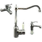 Resim Prima Rustik Mutfak Eviye Bataryası - Banyo Bataryası - Lavabo Bataryası 3’lü Set Krom Renk 