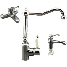 Resim Prima Rustik Mutfak Eviye Bataryası - Banyo Bataryası - Lavabo Bataryası 3’lü Set Krom Renk 