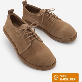 Resim Marjin Kadın Hakiki Deri Kadın Bağcıklı Maskülen Loafer Günlük Oxford Ayakkabı Bemor Taba Süet 