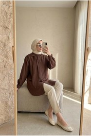 Resim Kirazca Butik Kadın Trend Fular Yaka Oversize Tesettür Gömlek 
