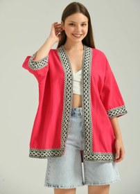 Resim VOLT CLOTHİNG Kadın Kısa Kol Nakış Işlemeli Keten Kimono 