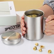 Resim 1 adet Kapaklı ve Tutacaklı Kahve Fincanı, Paslanmaz Çelik Çift Duvarlı Kahve Fincanları, Dayanıklı ve Kırılmaz, Kamp ve Seyahat için %100 BPA içermeyen Bardak, 200ml/7.04oz, 400ml/14.08oz 