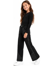 Resim İrem Kız Çocuk Üzeri Taş Detaylı Beli Lastik Ayarlamalı Cepli Geniş Paça Model Likralı Siyah Renk Kot Pantolon 
