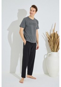 Resim Pijamoni Pijaman Erkek Baskılı Bisiklet Yaka Kısa Kol Yuvarlak Yaka Cepli Yazlık Pamuklu Pijama Takımı Antrasit 