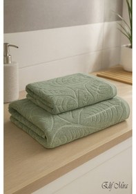 Resim Banyo & Yüz Havlusu Seti Dokulu %100 Pamuk 90x150 + 50x90 Cm Foliva Yeşil 
