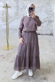 Resim Rahat Kesim Beli Lastikli Kat Kat Uzun Etek 5213 - Kahverengi - Kahverengi / S-M 