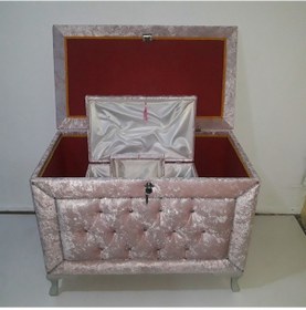 Resim Çeyiz Sandık Kapitone Model 3lü Set Pembe Kadife Kumaş İçi Kırmızı Tela Kutu Sevk El Yapım 