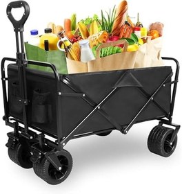 Resim Katlanabilir Pazar Arabası, 150 kg Taşıma Kapasitesi, Sağlam Çelik Gövde, Fren Sistemli Kalın Tekerlekler, Su Geçirmez Oxford Kumaş, 360 Derece Manevralı, Kamp, Plaj, Market İçin Vagon Taşıma Arabası 