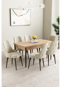 Resim Clara Meşe Desen 80x132 Açılabilir Mdf Masa Yemek Odası Takımı,mutfak Takımı 6 Adet Sandalye Krem 