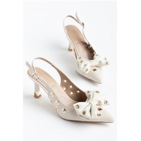 Resim Kadın İnce Topuklu Stiletto Bej Saten Fiyonklu-4691 Bej 
