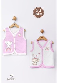 Resim Babyden's 2 Li Kız Bebek Yelek Seti ,jakarlı Kalp Desenli,pamuklu,çıtçıtlı Bebek Yeleği Fil Baskılı,mevsimlik Ekru - Pembe 